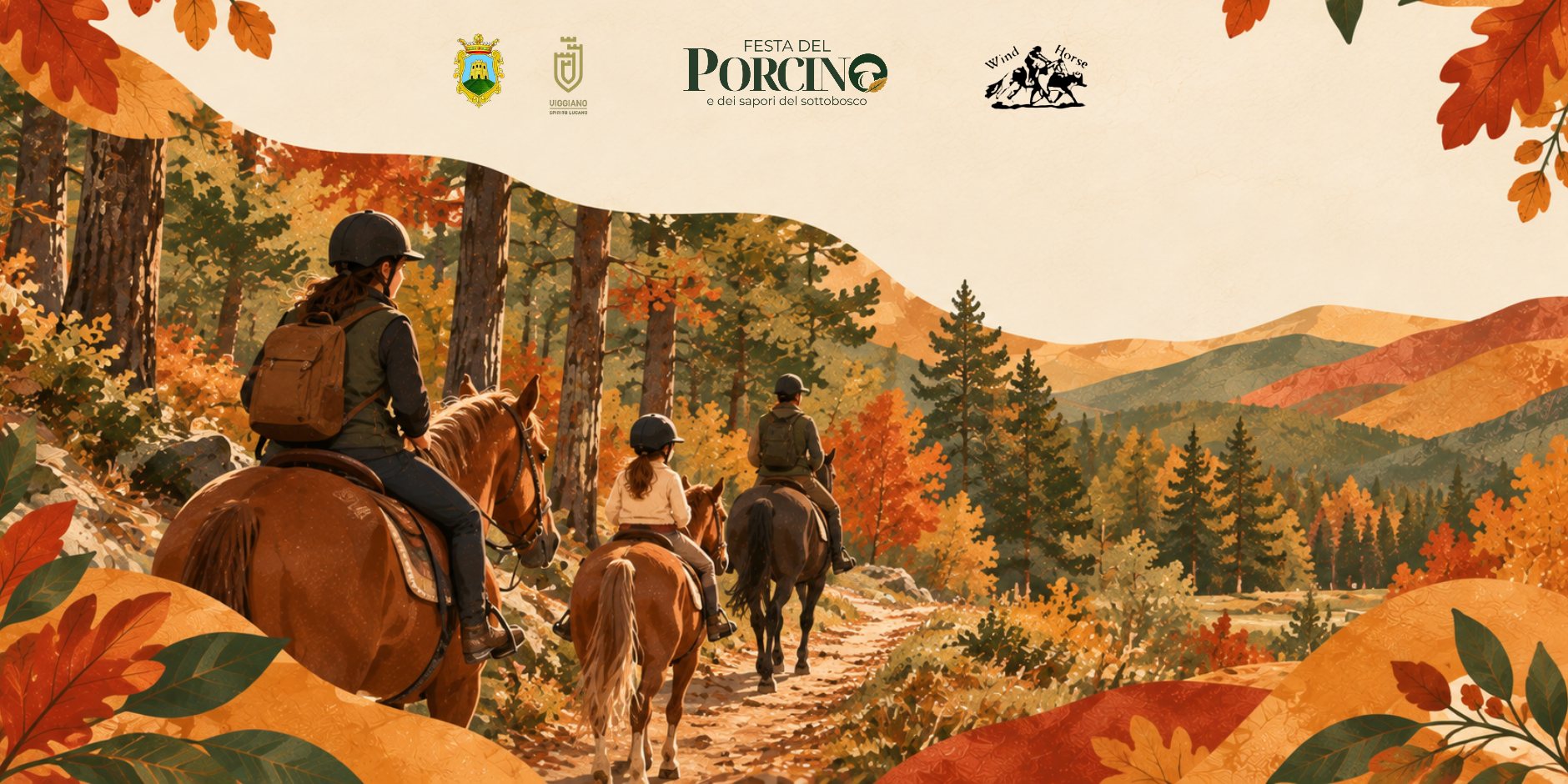 Illustrazione autunnale di un adulto e due ragazzi a cavallo su un sentiero nel bosco, tra alberi rossi e colline