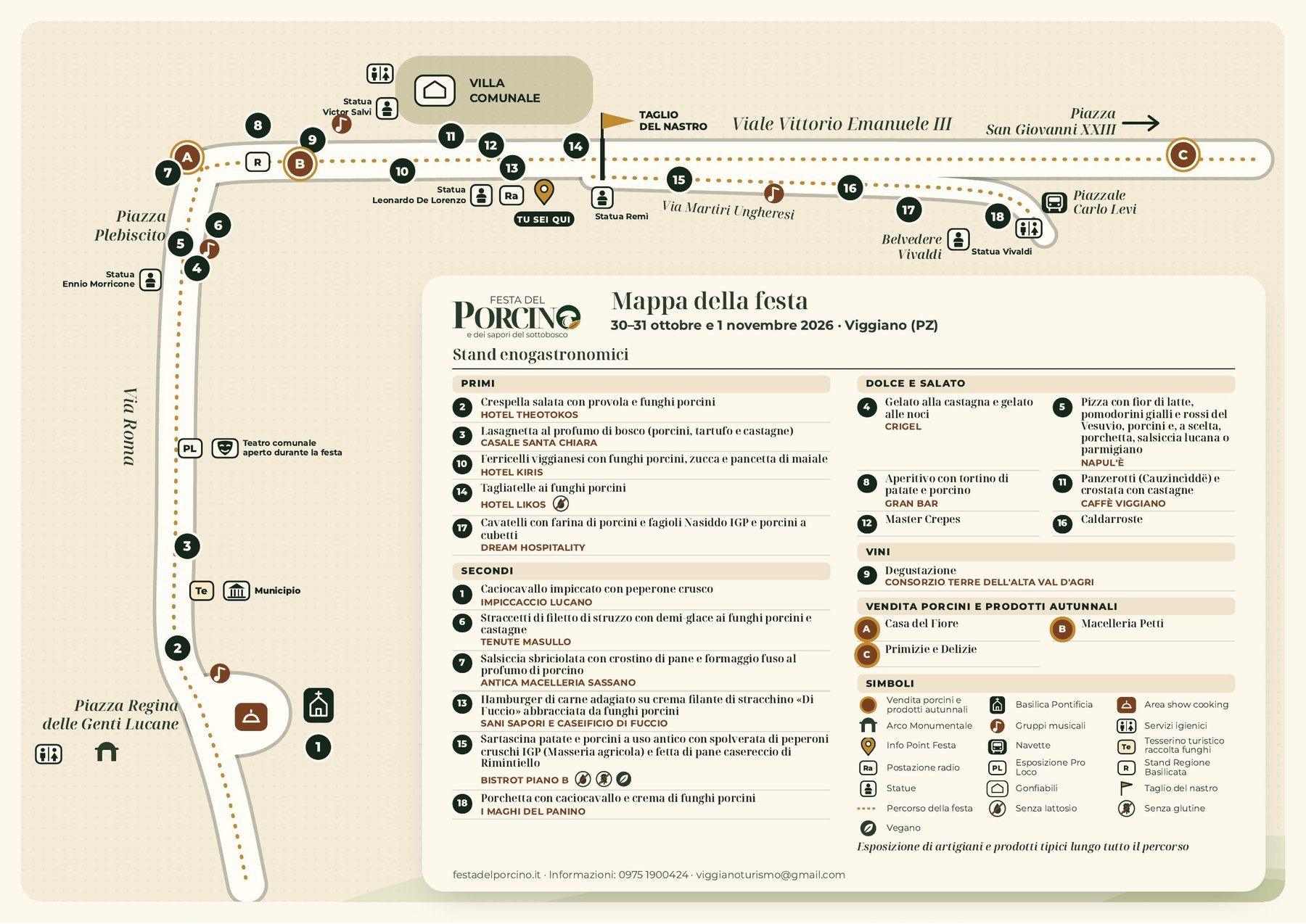 Mappa della festa: il percorso da Viale Vittorio Emanuele III a Via Roma con gli stand enogastronomici numerati, il piatto di ciascuno e i servizi